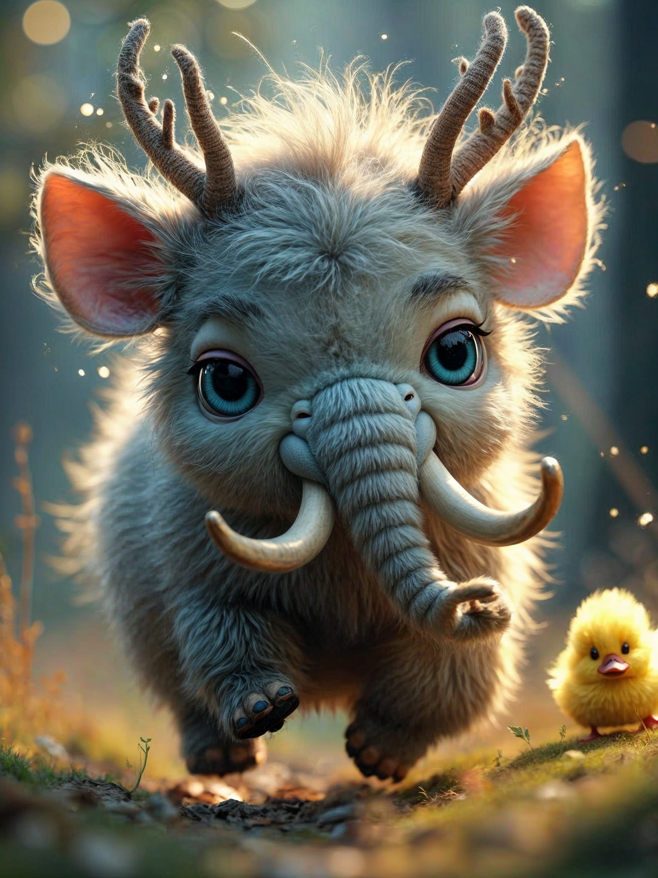 Whimsical Creature and Duckling in Forest Setting