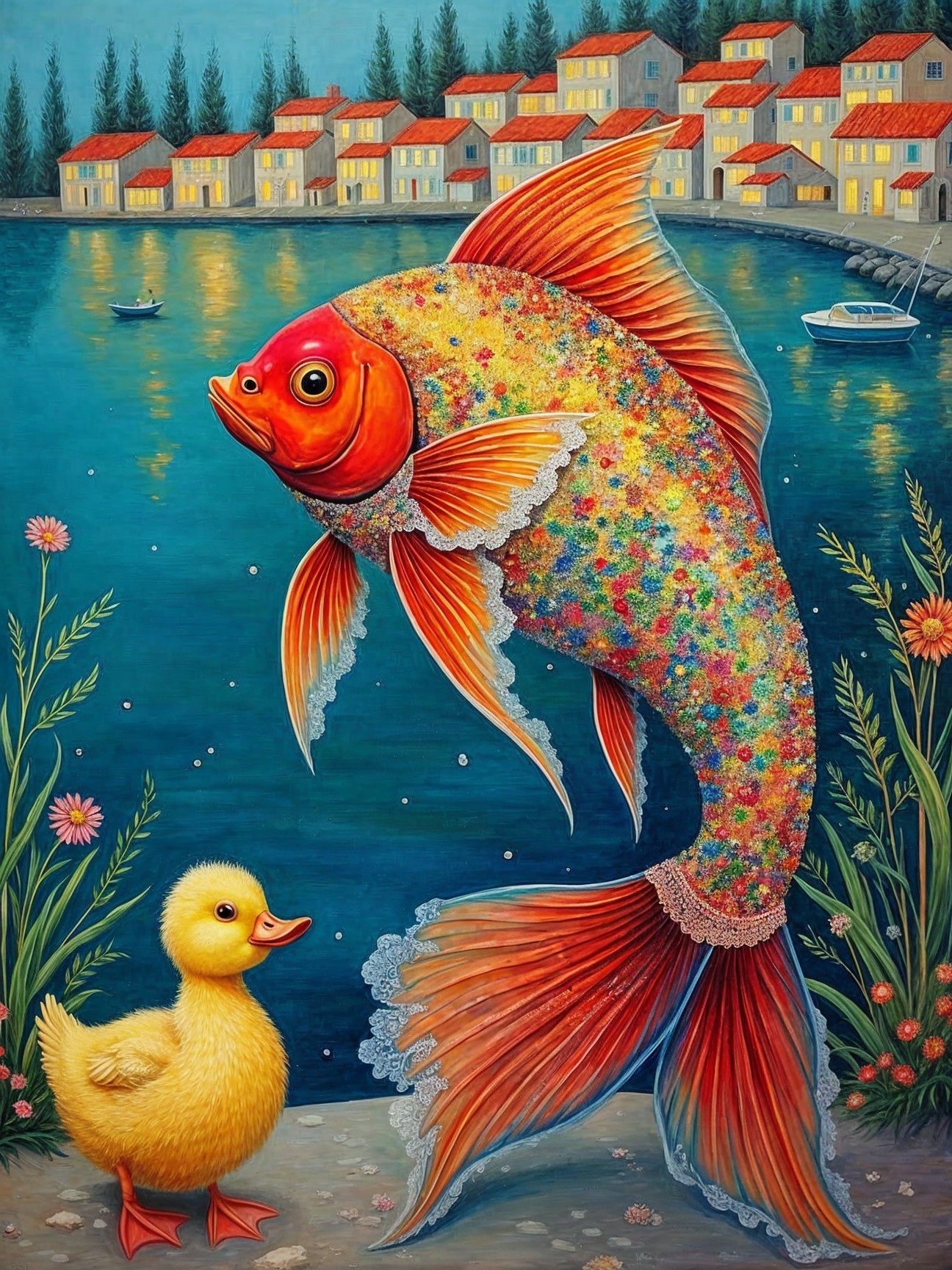 Colorful Waterfront Scene with Goldfish and Duckling
