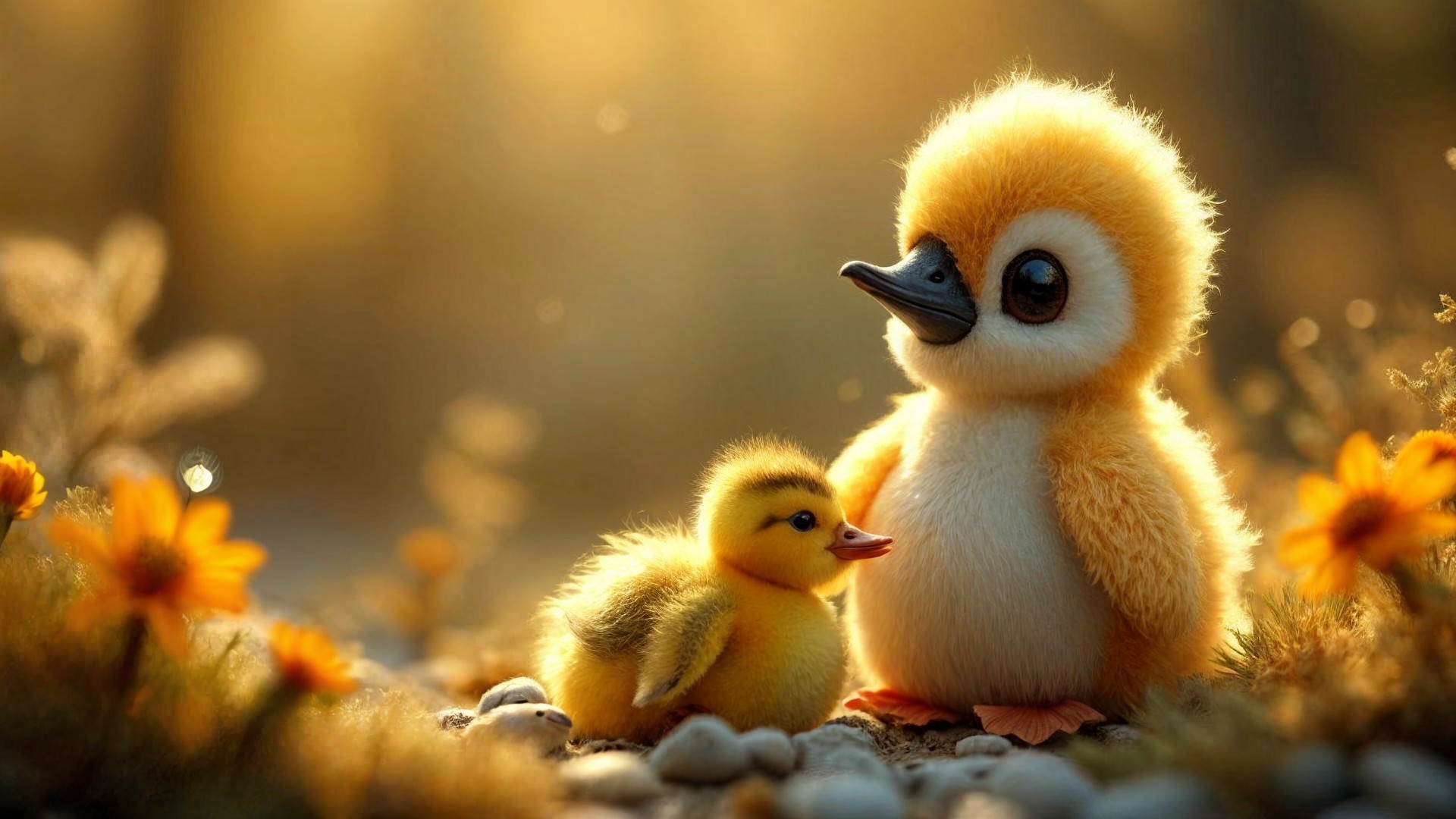 Charming Scene of Duckling and Parent in Sunlight