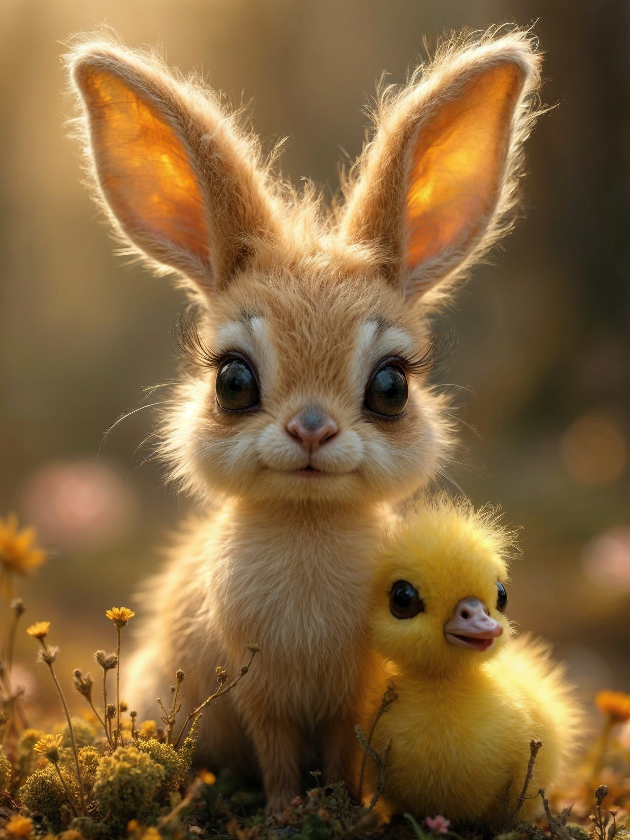 Whimsical Forest Scene with Rabbit and Duckling
