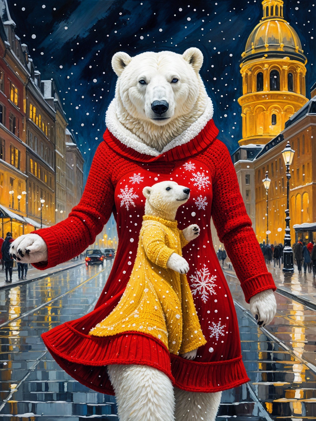 Polar bear mother and cub in city street at night