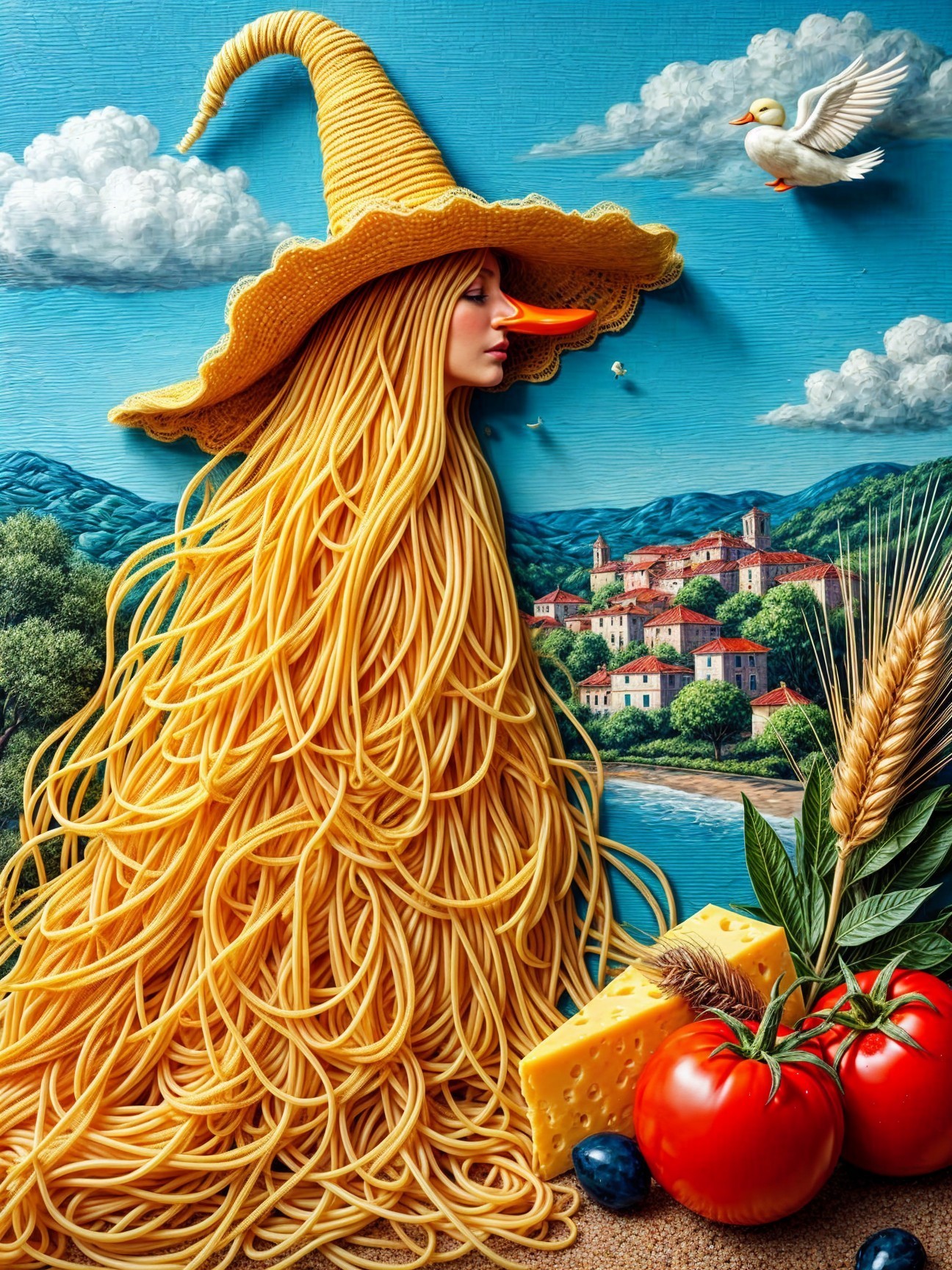 Whimsical Figure in Spaghetti Hat Surrounded by Food