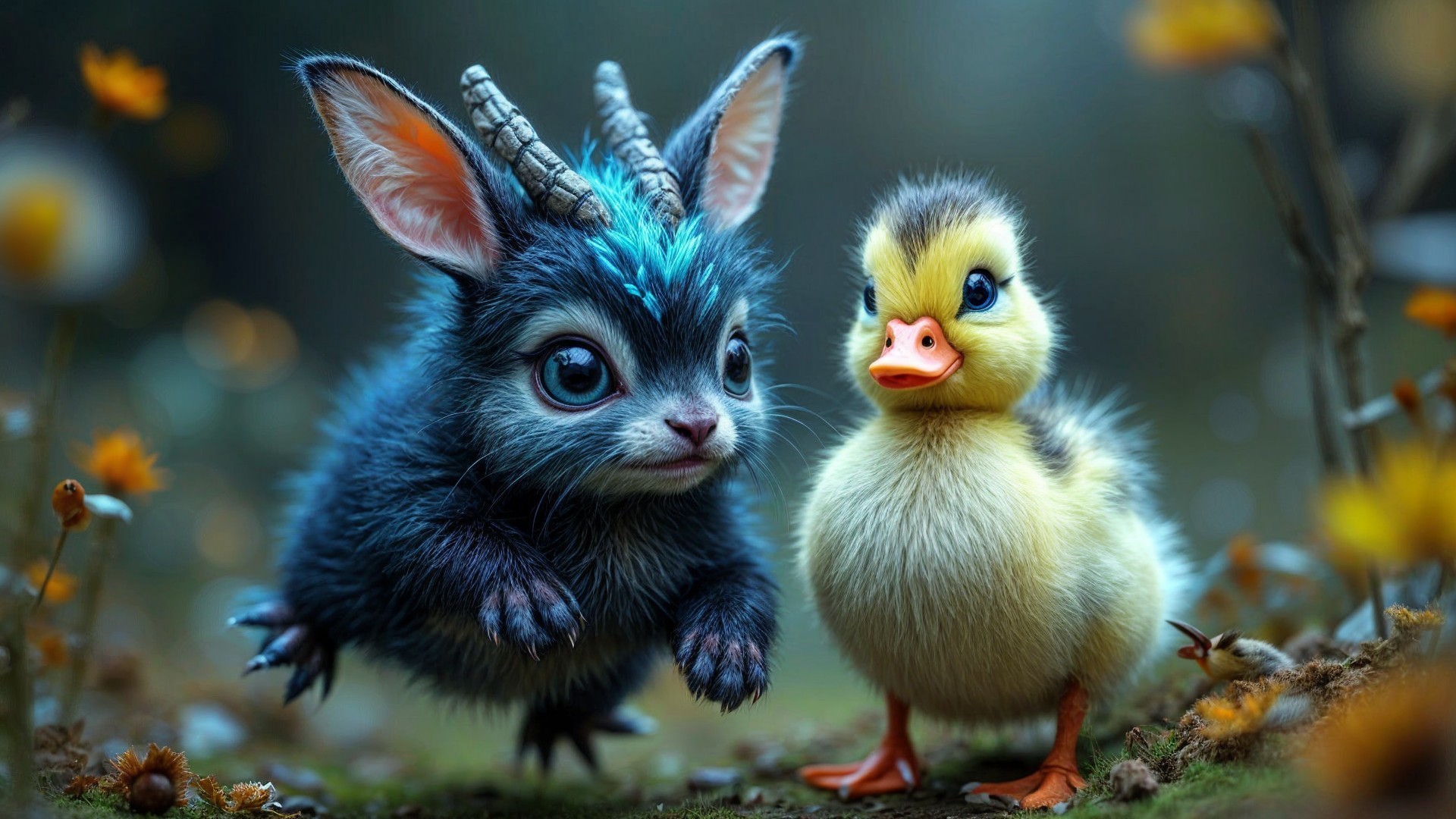 Whimsical Forest Scene with Furry Creature and Duckling