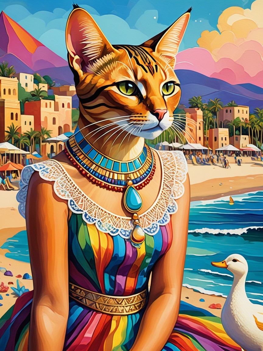 Whimsical Cat in Dress by Beach with Duck Companion