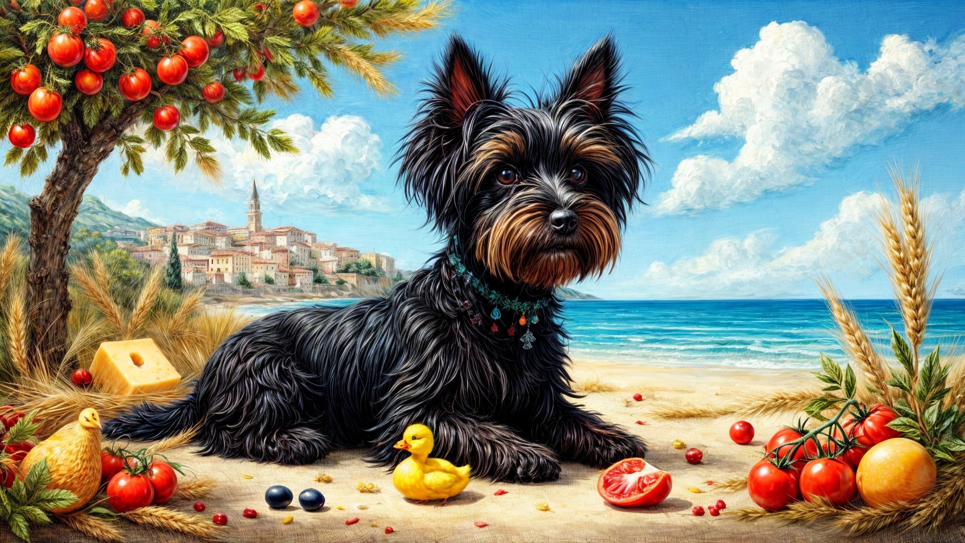 Yorkshire Terrier on Beach with Fruits and Ducks