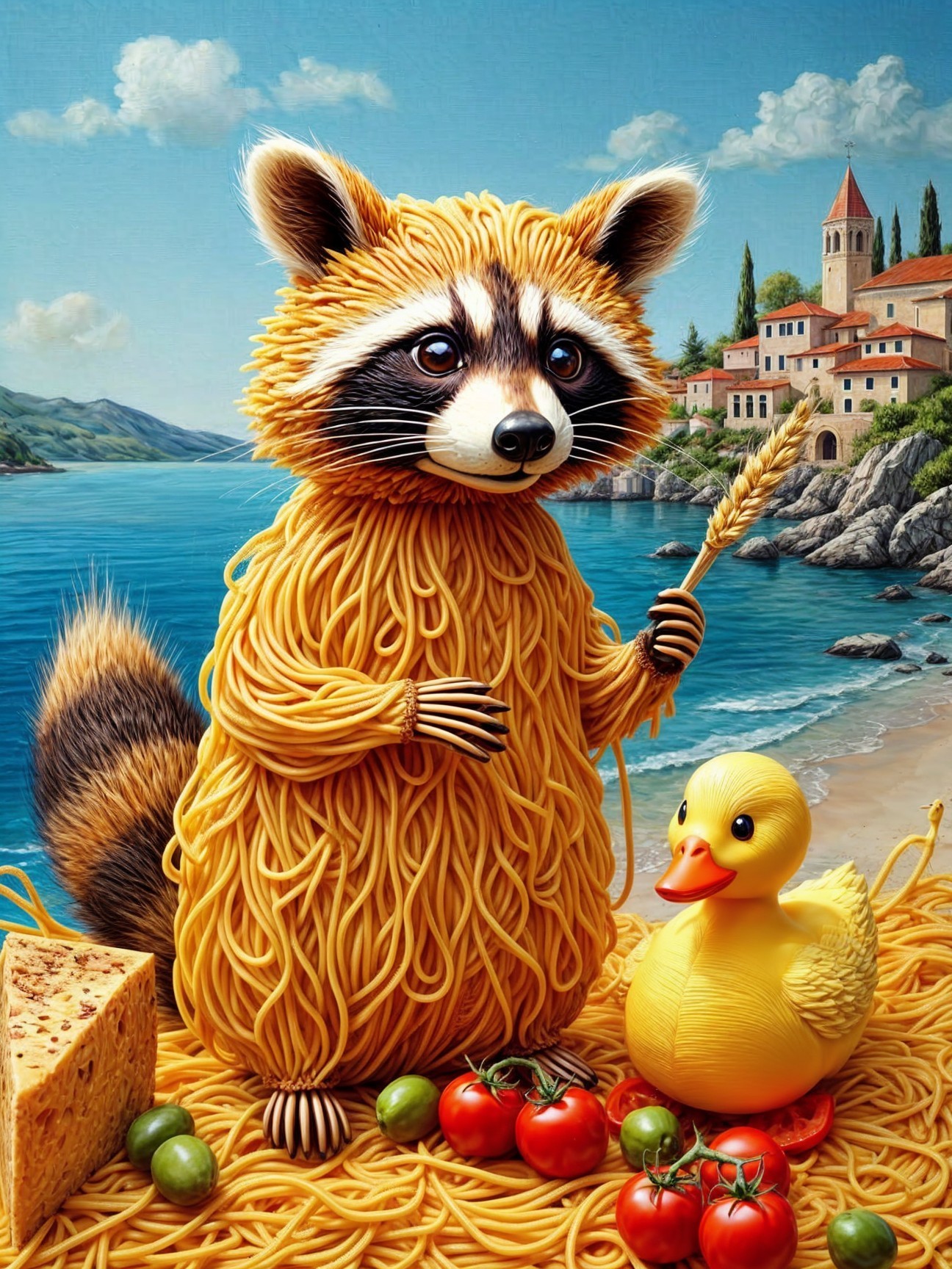 Whimsical Raccoon Pasta Scene with Coastal Landscape