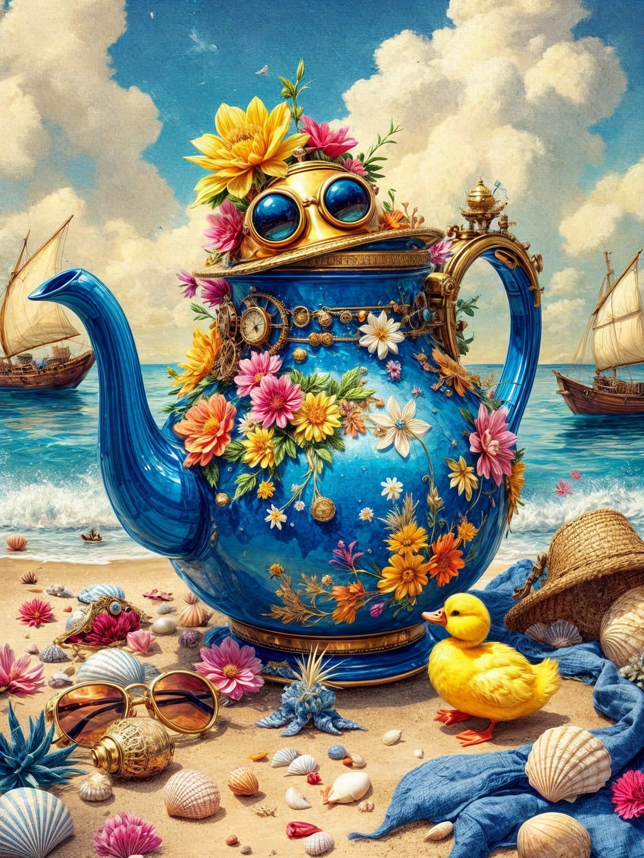 Whimsical Blue Teapot and Duckling on Sandy Beach