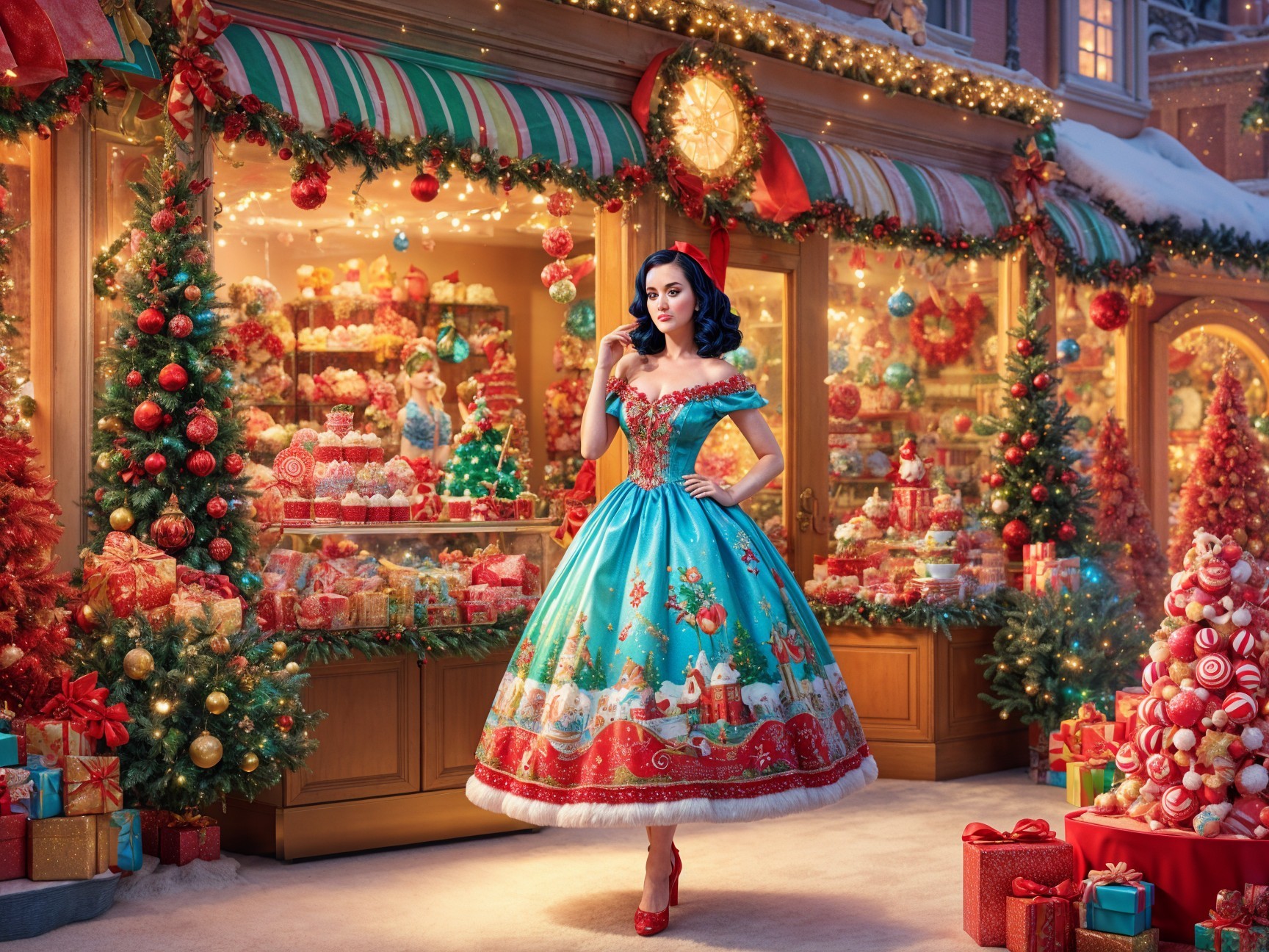 Elegant Woman in Turquoise Dress at Holiday Bakery