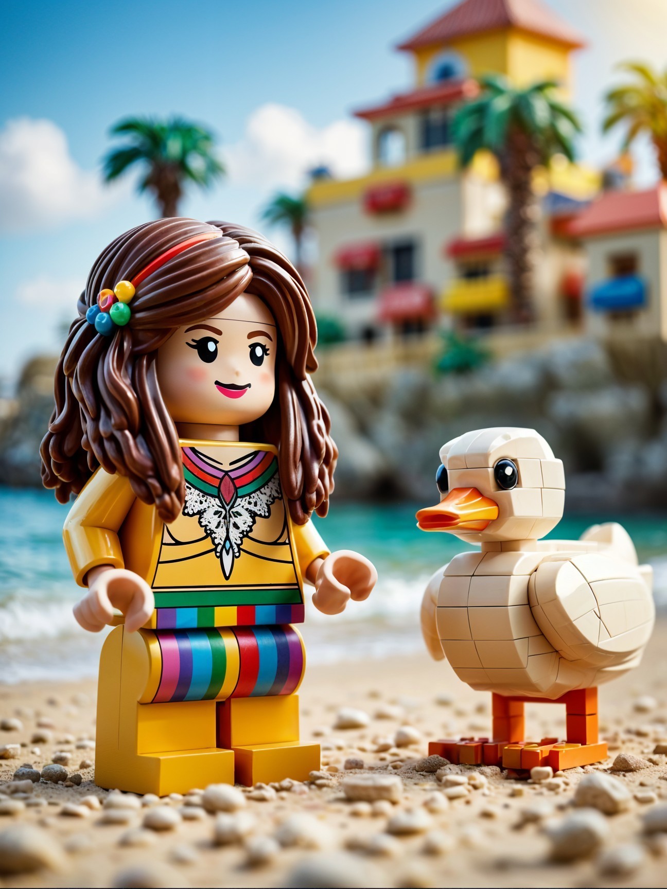 Cheerful LEGO Figure on Tropical Beach with Duck