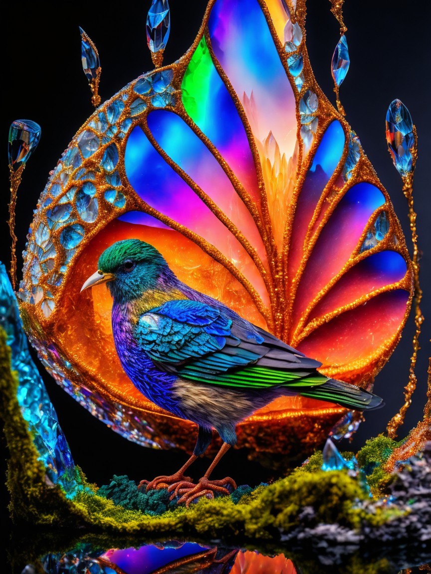 Iridescent Blue Bird with Stained-Glass Butterfly Wing