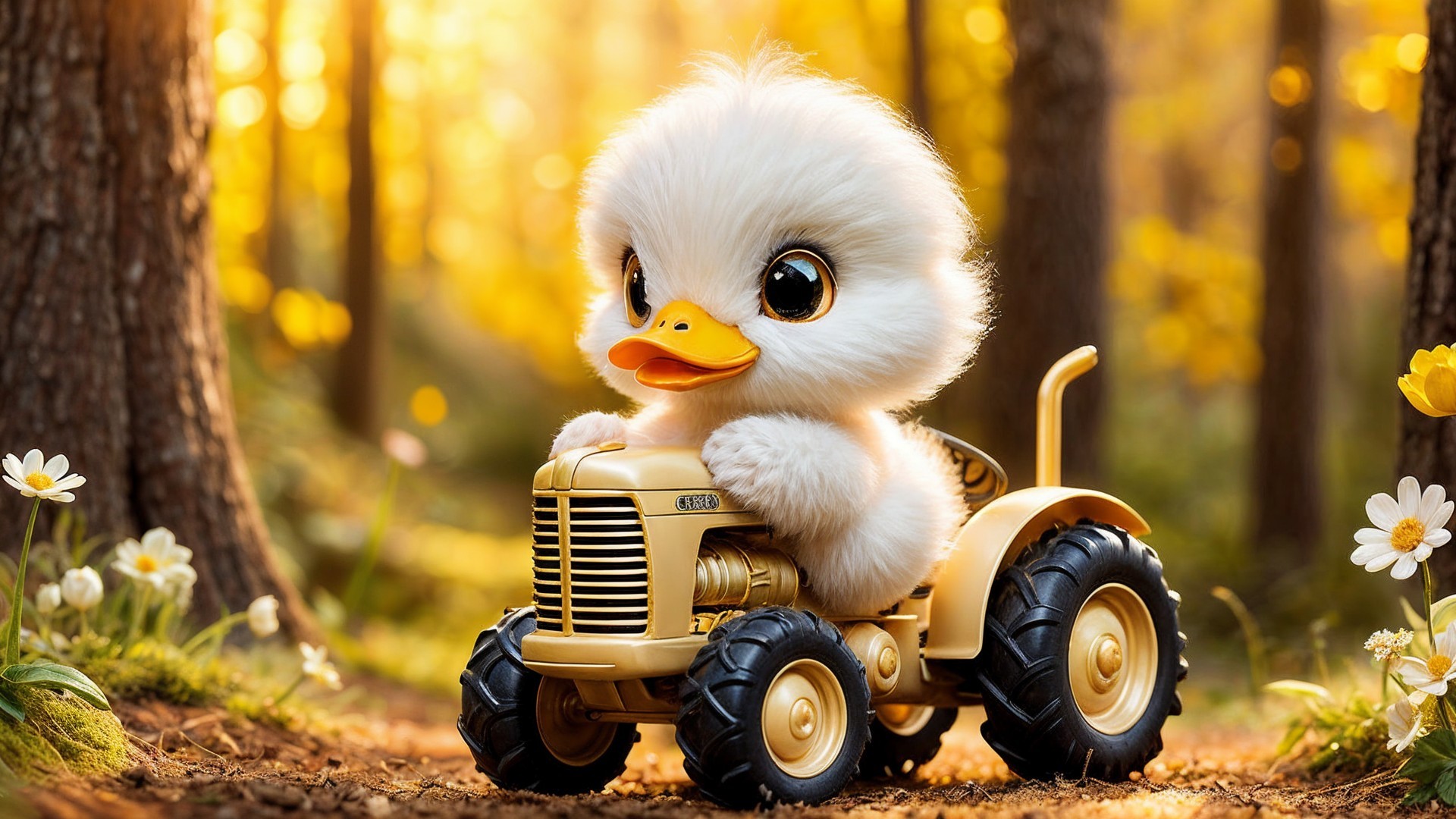 Fluffy Duckling on Golden Tractor in Lush Forest