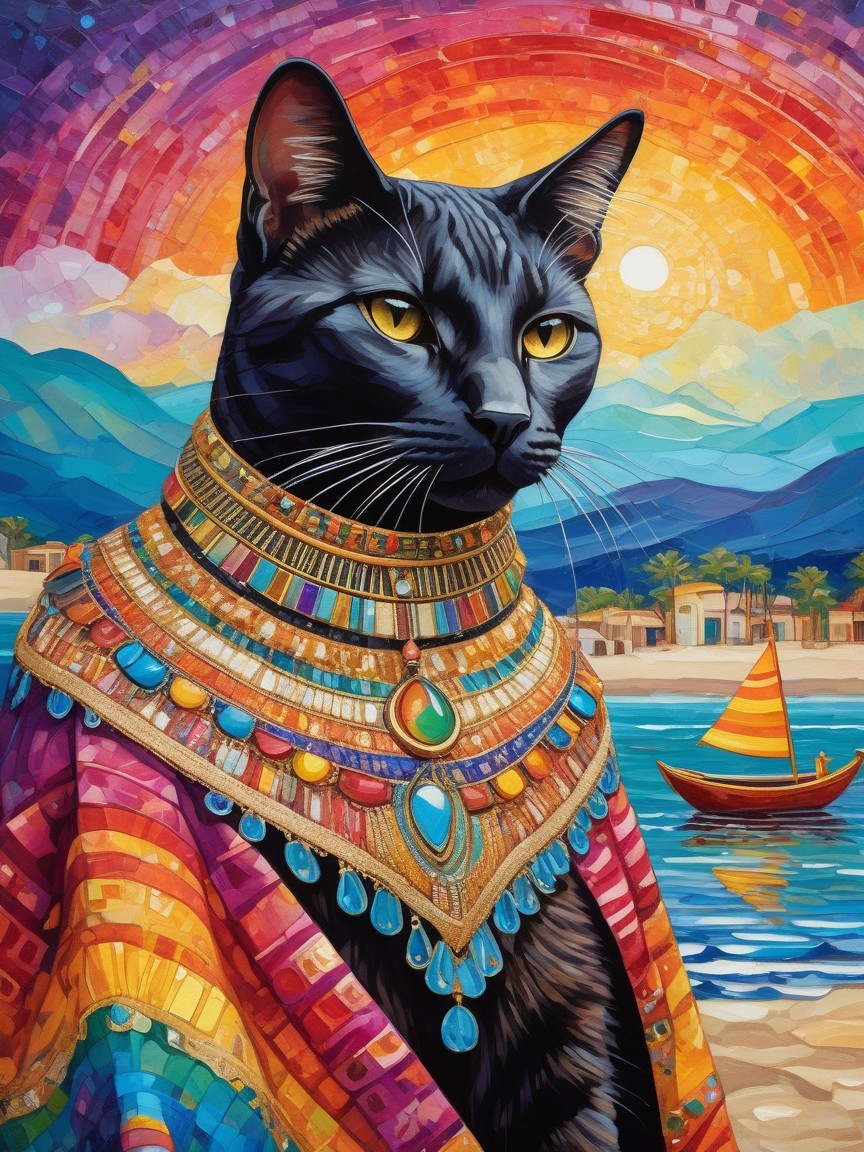 Majestic Black Cat with Jeweled Collar at Sunset