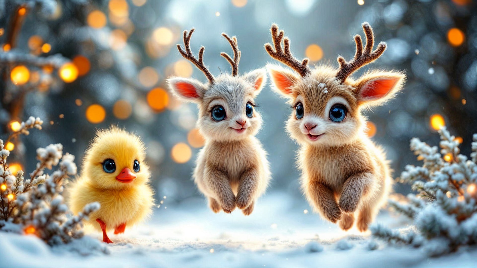 Whimsical Winter Scene with Fawn-like Creatures and Duckling