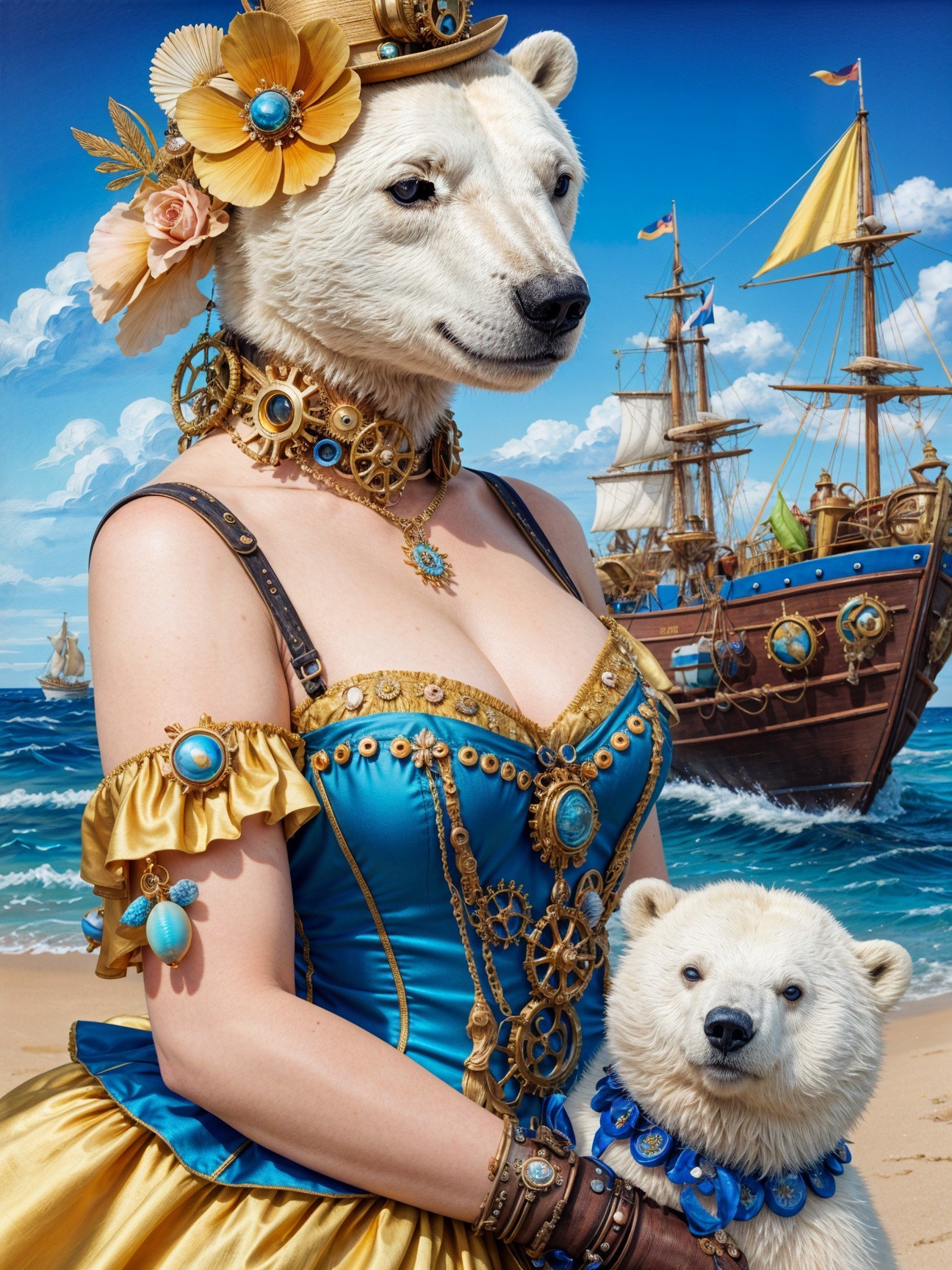 Regal Figure with Polar Bear Head in Marine Scene