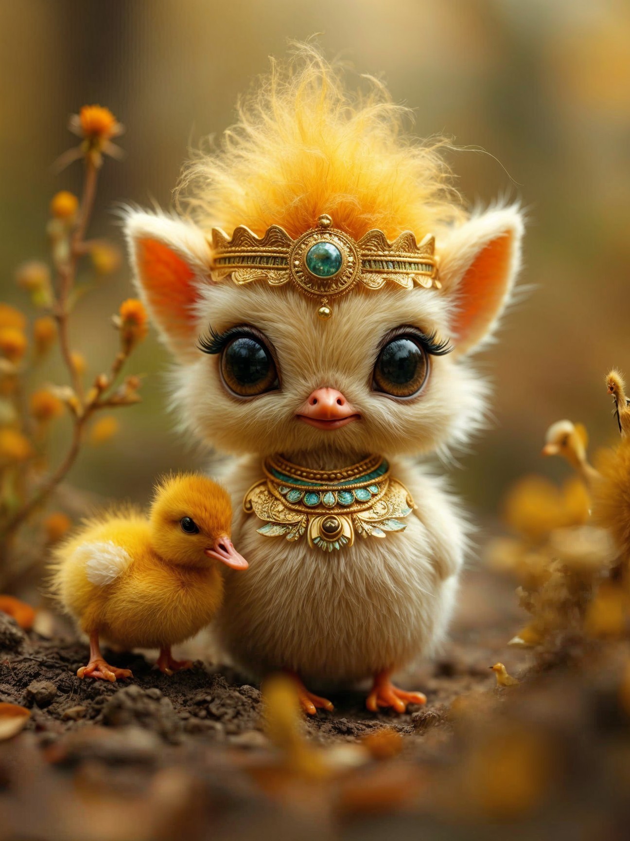 Fluffy Cartoon Chick and Duckling in Whimsical Scene