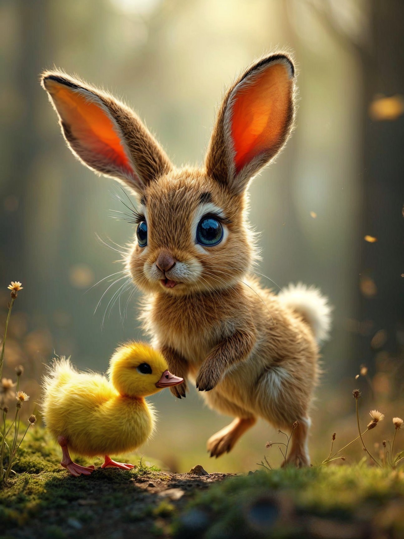 Whimsical Forest Scene with Bunny and Duckling