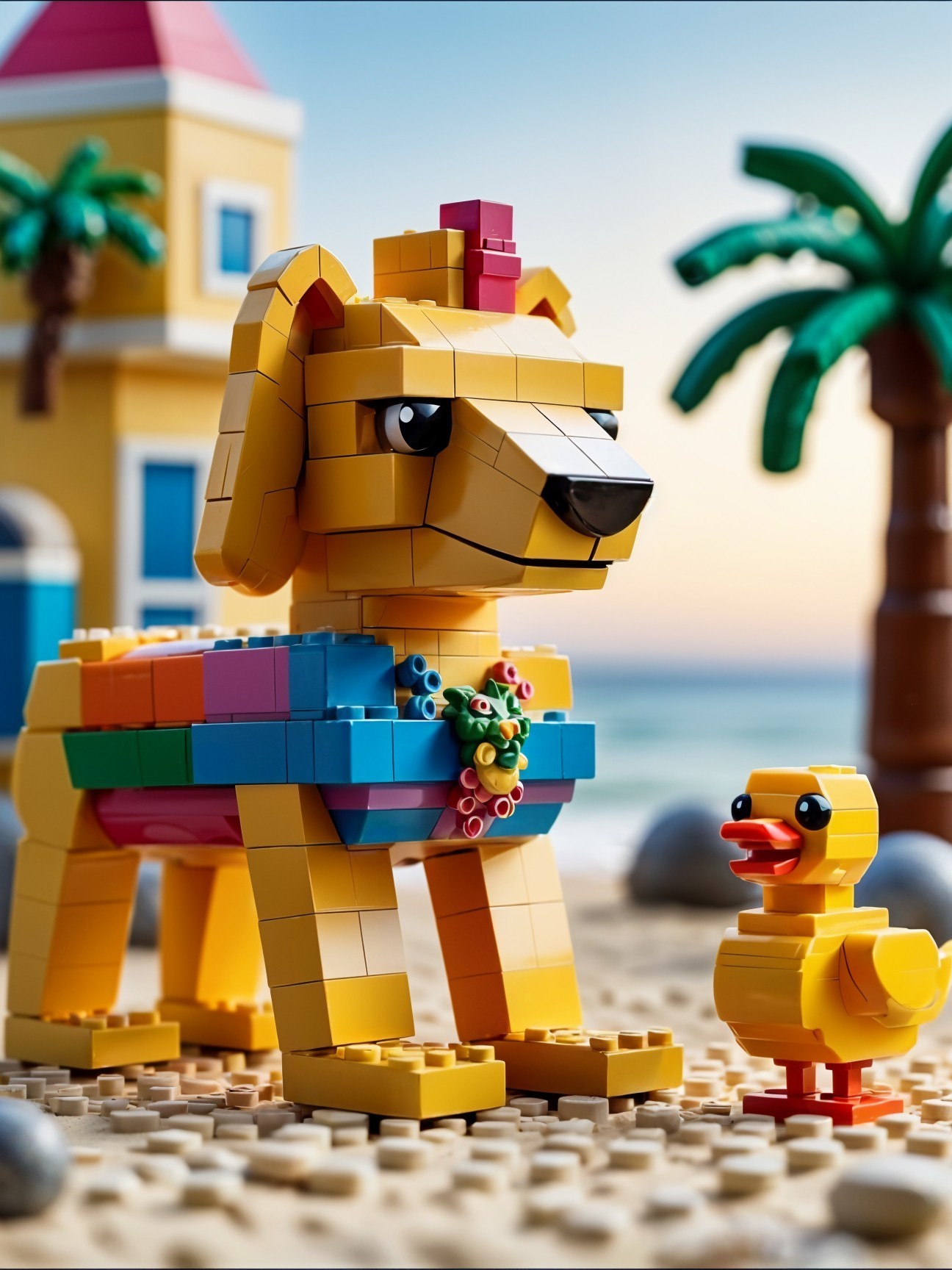 LEGO Beach Scene with Colorful Dog and Duck
