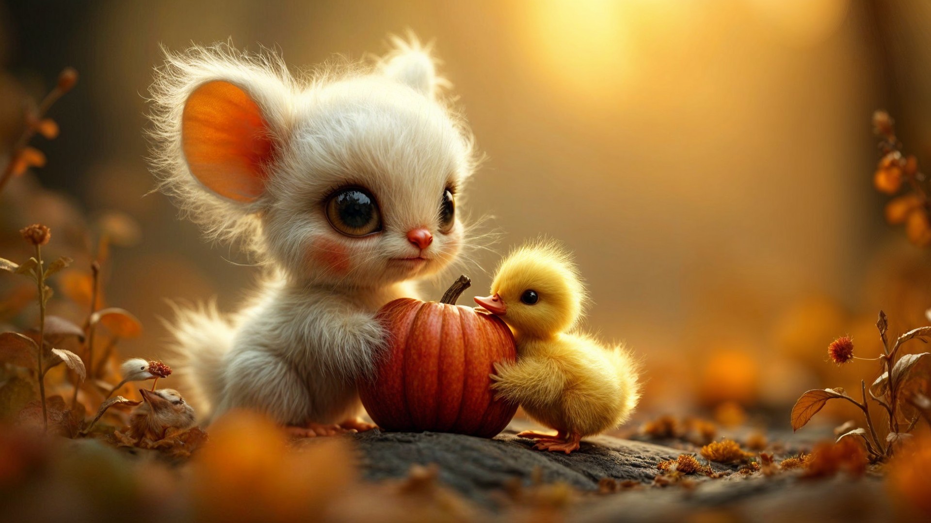 Whimsical Scene of a Creature and Duckling in Autumn