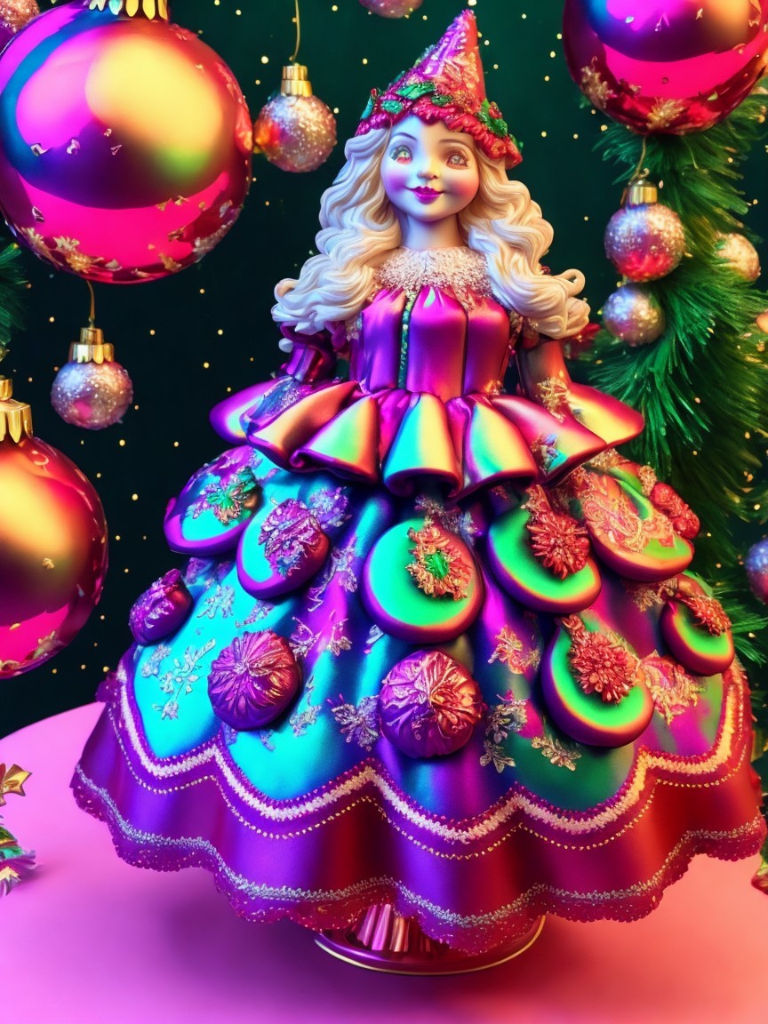 Holiday-Themed Doll with Colorful Ornaments and Greenery