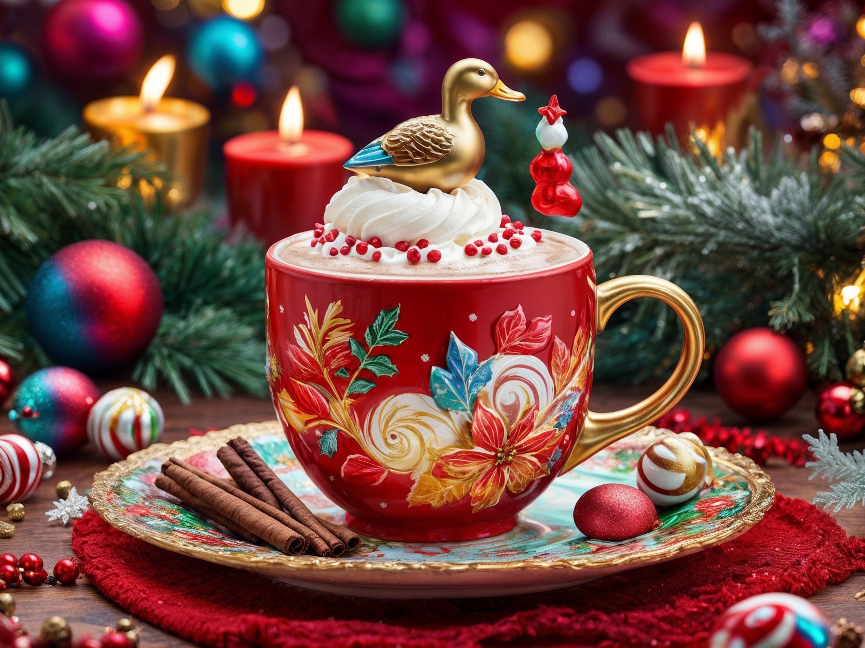 Festive Red Cup with Floral Designs and Creamy Beverage