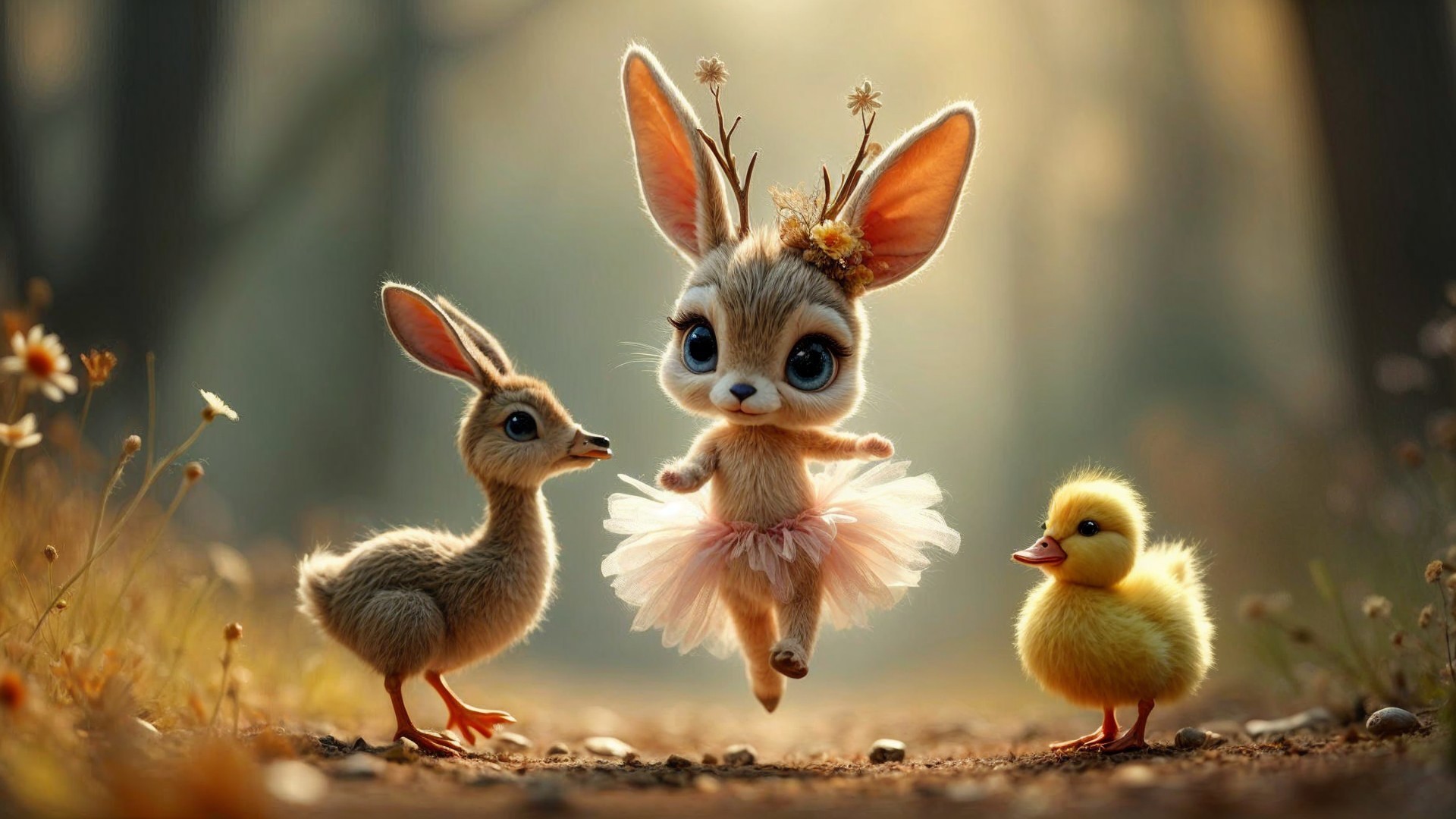 Whimsical Forest Scene with Dancing Bunny and Friends