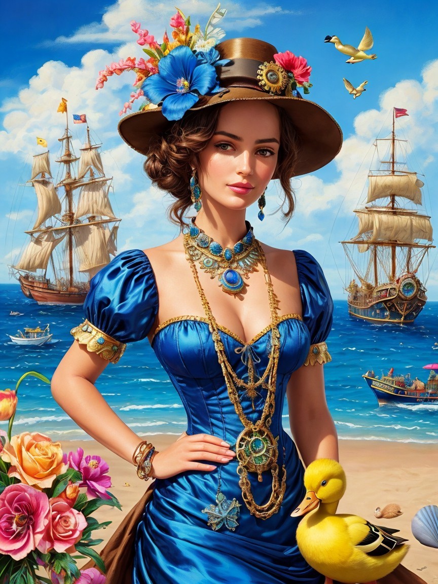 Elegant Woman in Blue Gown on Sandy Beach