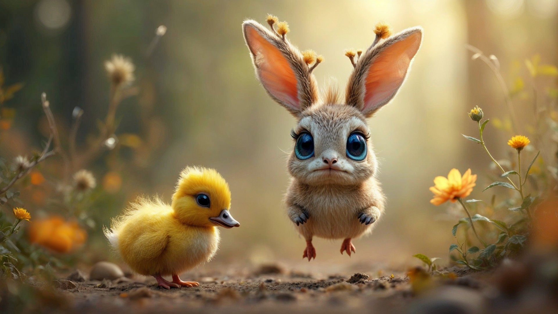Whimsical Forest Scene with Bunny and Duckling