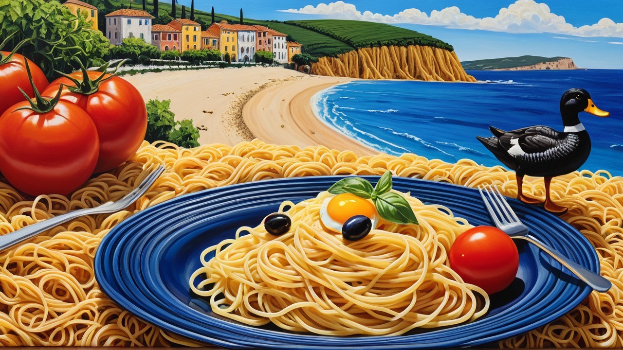 Vibrant Plate of Spaghetti with Beachside Village Background