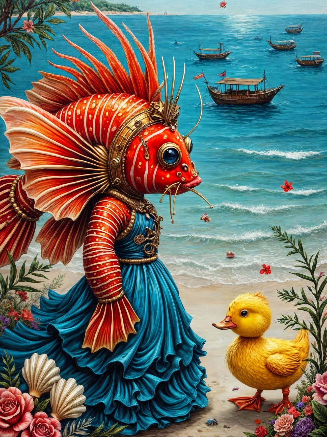 Whimsical Beach Scene with Fish in Gown and Duckling