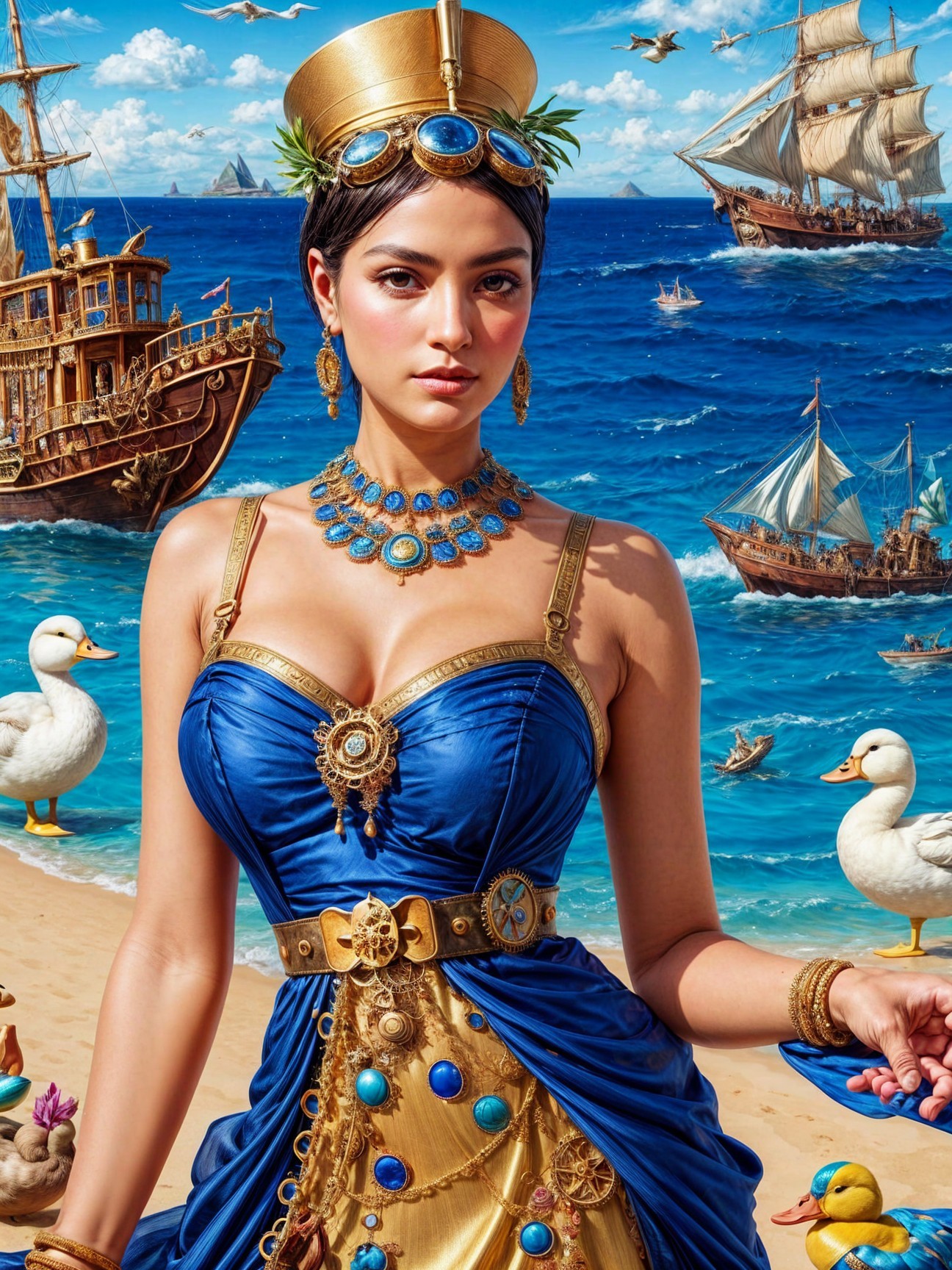 Regal Figure in Blue and Gold Gown by Seaside