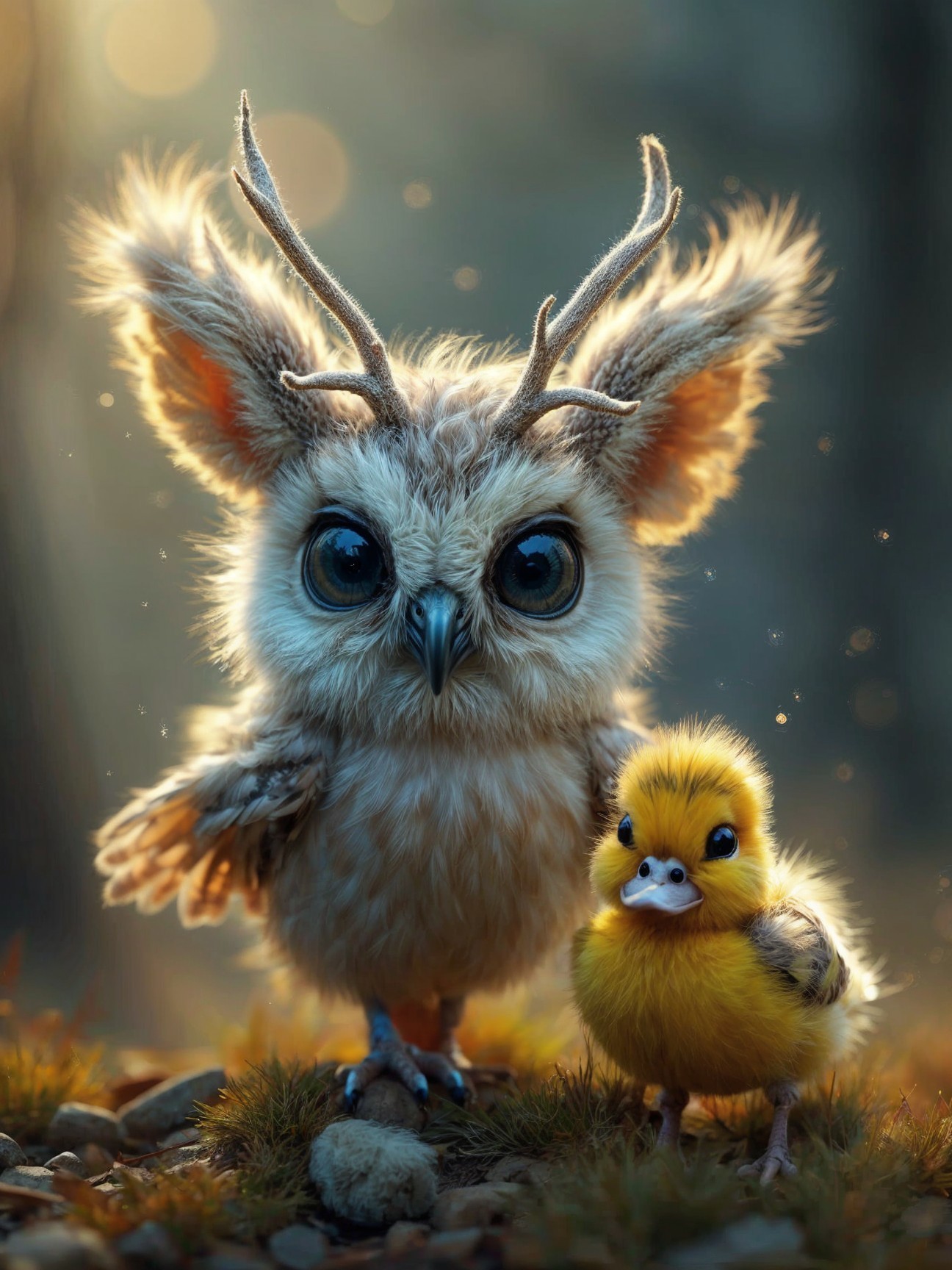 Whimsical Owl and Duckling in Enchanted Forest Scene