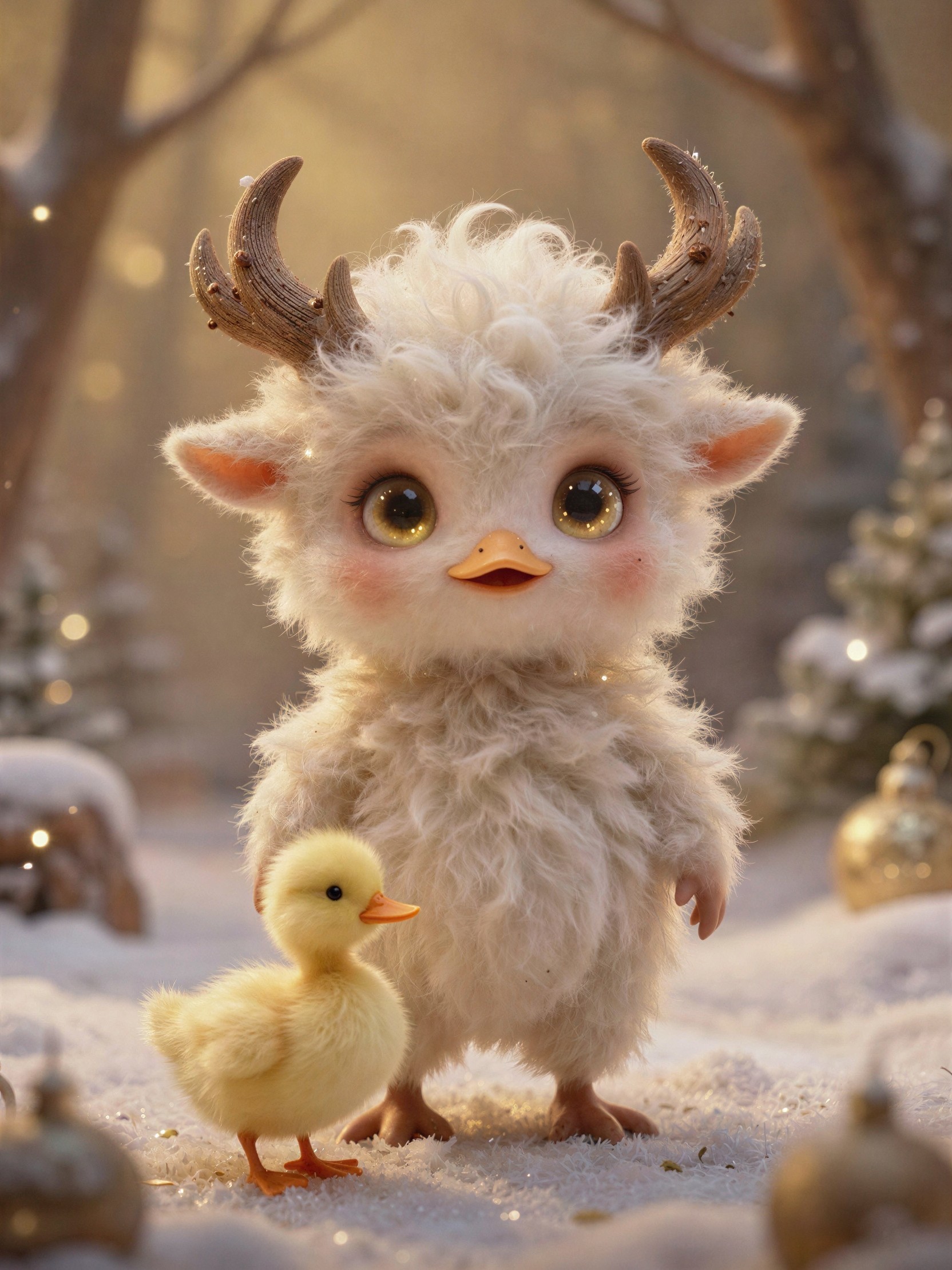 Cute Fuzzy Creature in Snowy Forest with Chick