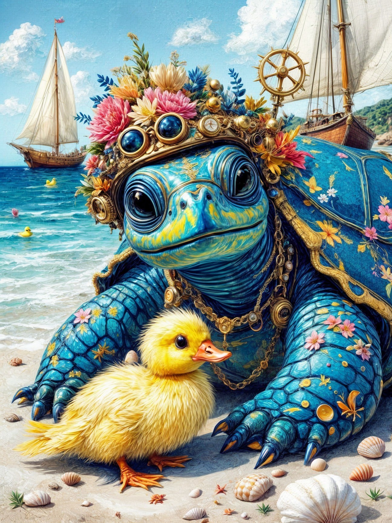Regal Turtle and Duckling at a Sunny Beach Scene