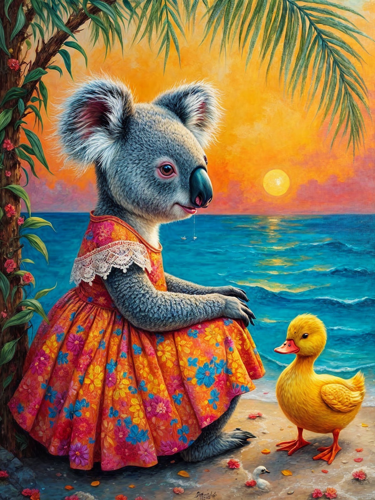 Koala in Floral Dress by Sunset Shore with Duckling
