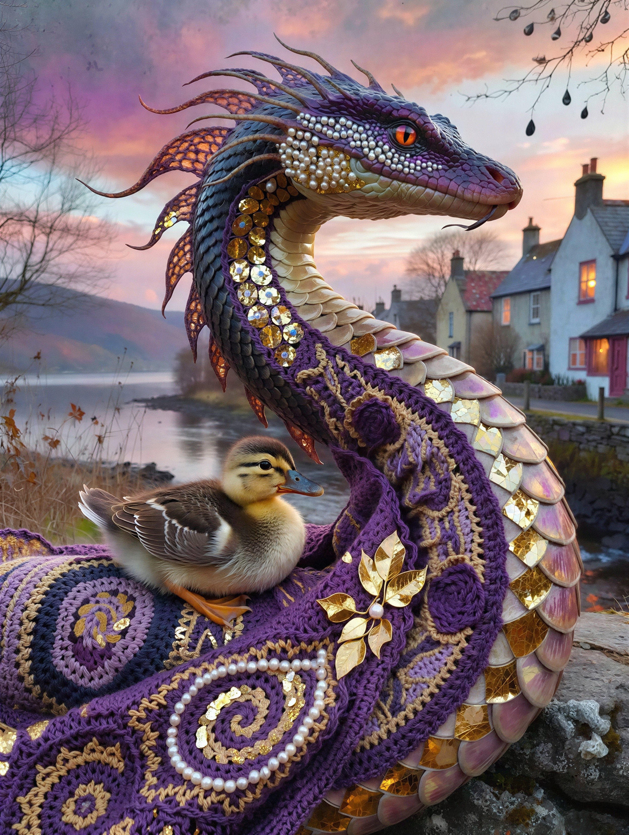 Majestic dragon with duckling at sunset lakeside village