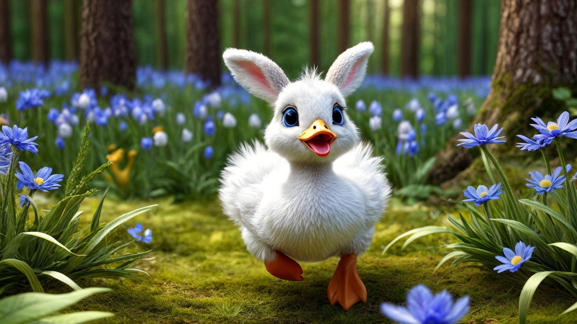 Fluffy Duckling with Bunny Ears in Vibrant Meadow