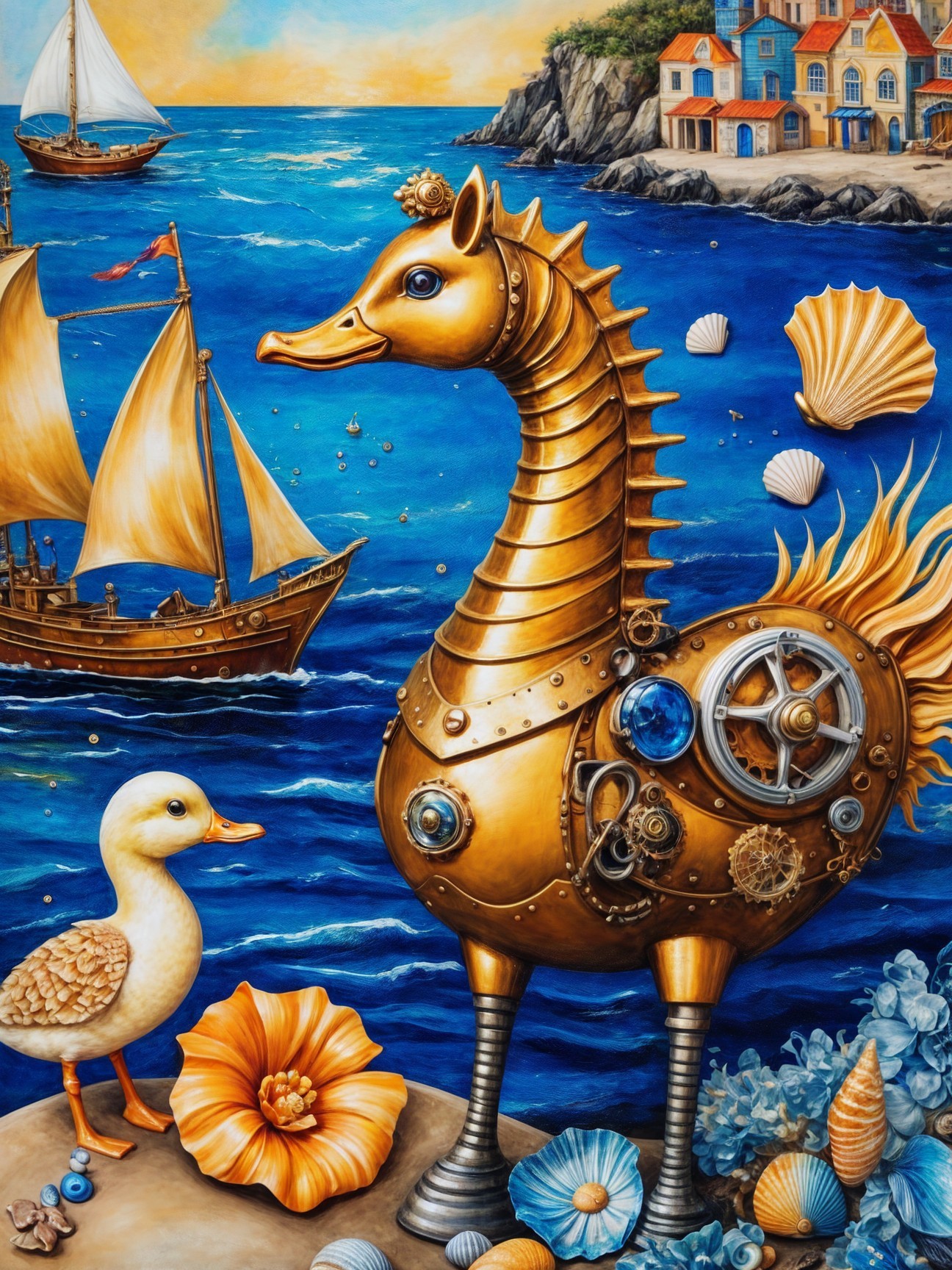 Steampunk Seahorse and Duckling on Rocky Shoreline