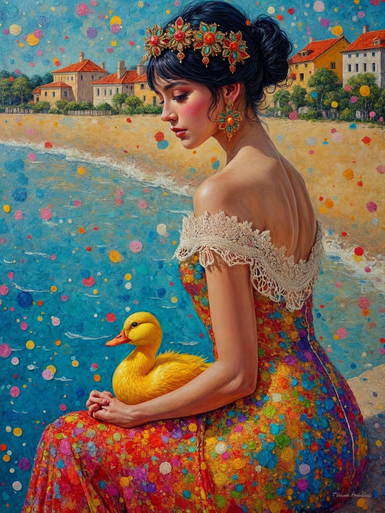 Young Woman in Vibrant Dress by Serene Beach