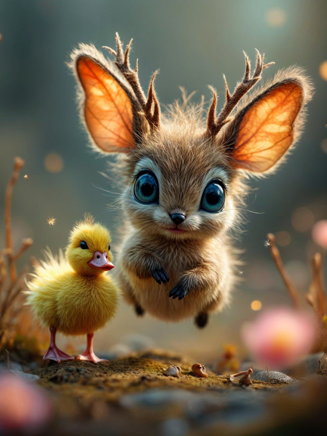 Whimsical Scene of a Fluffy Creature and Duckling