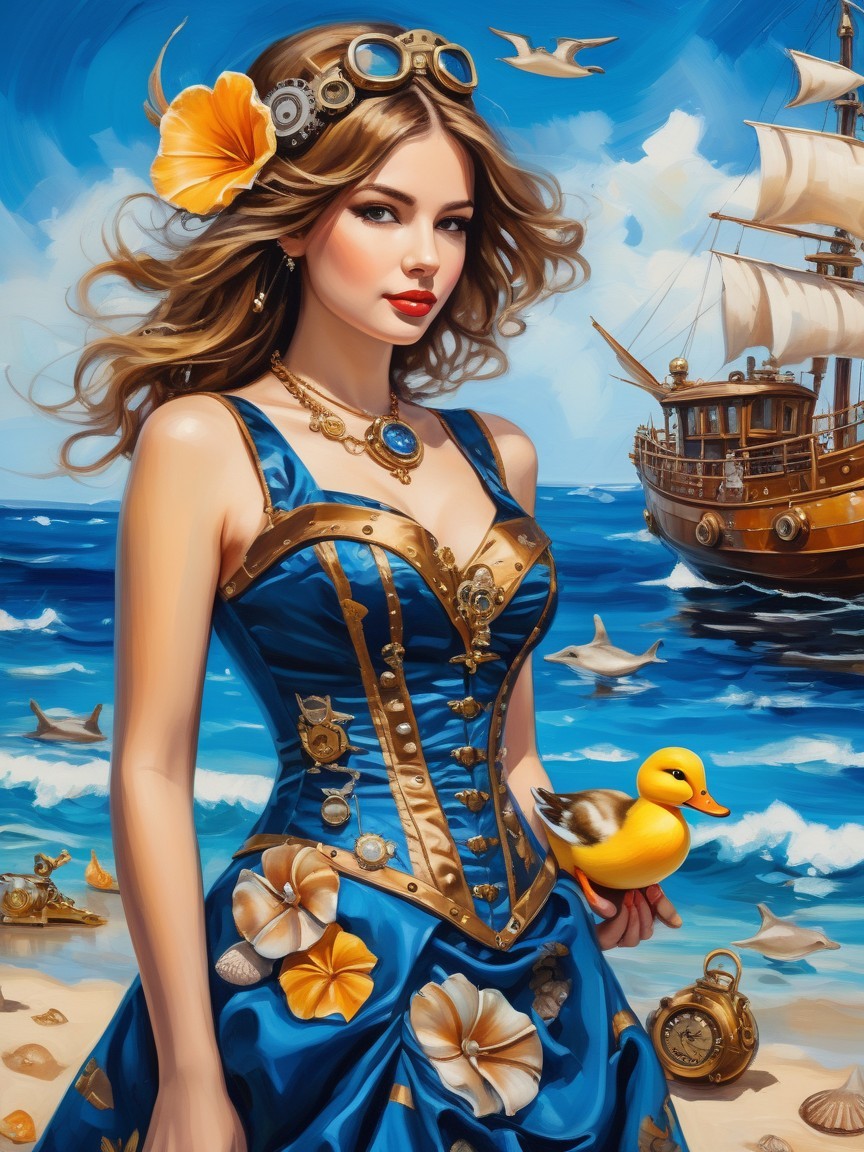 Elegant Woman in Blue Gown on Sandy Beach Scene