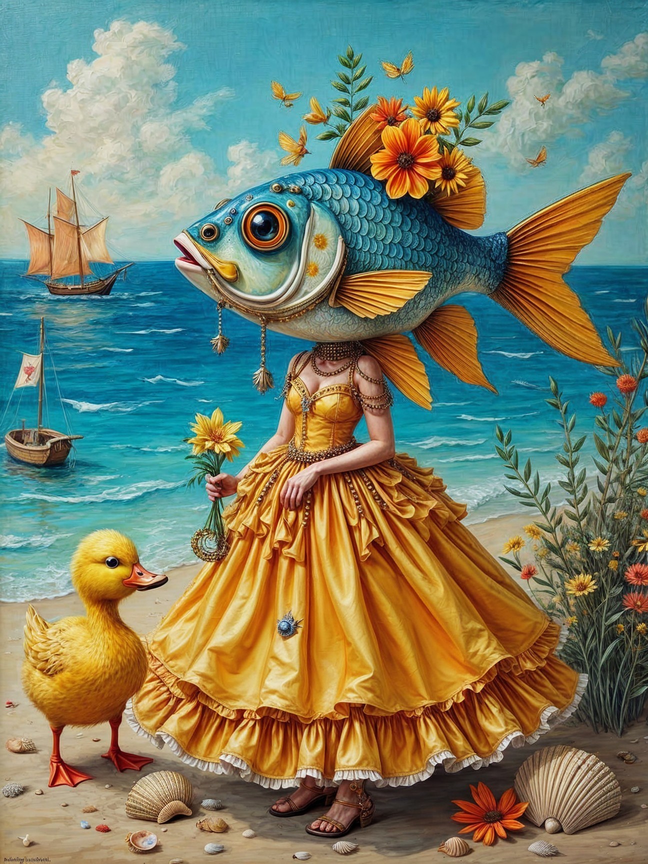 Whimsical Beach Scene with Flower-Headed Woman