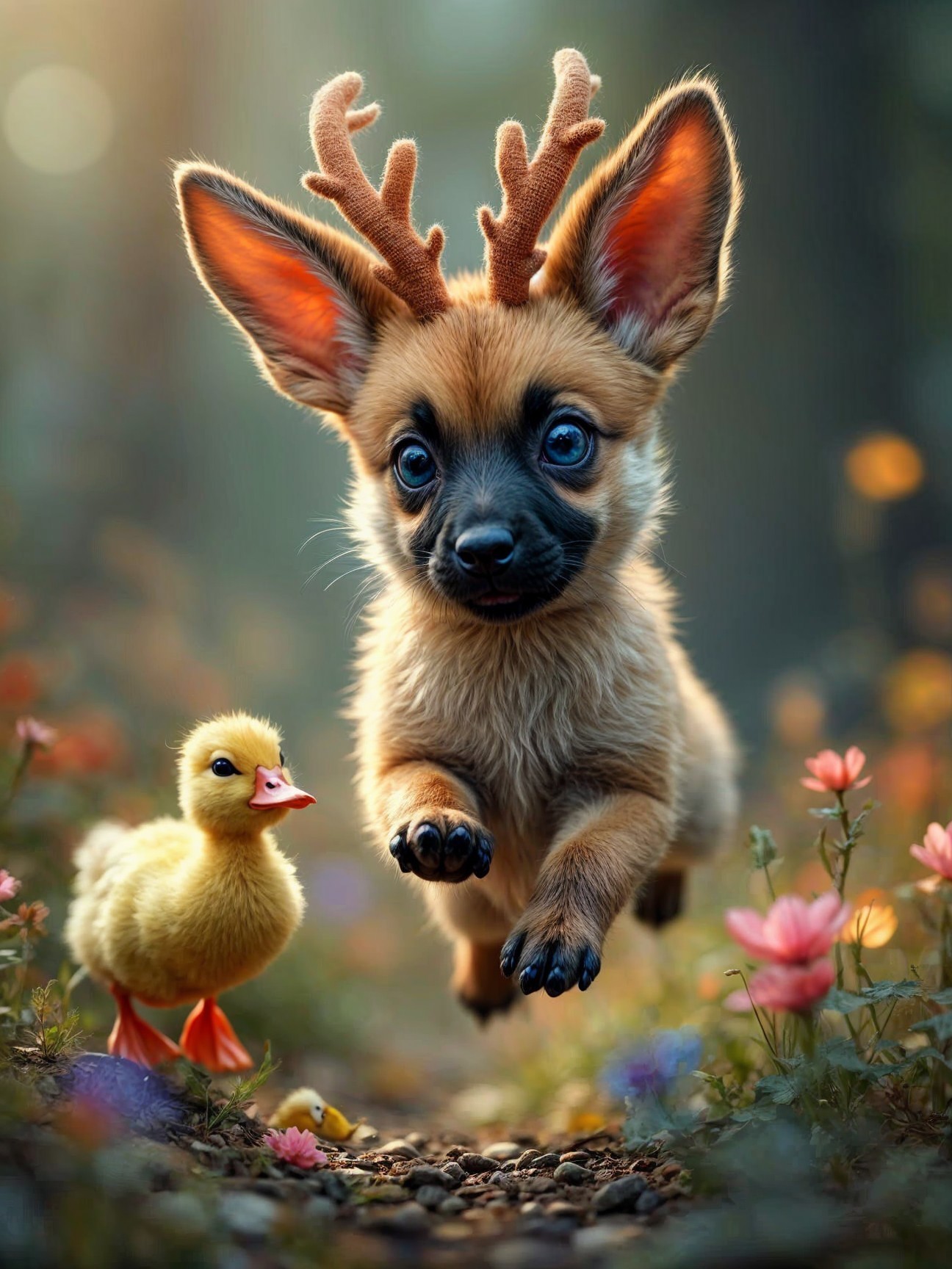 Puppy with Antlers and Duckling in Colorful Meadow