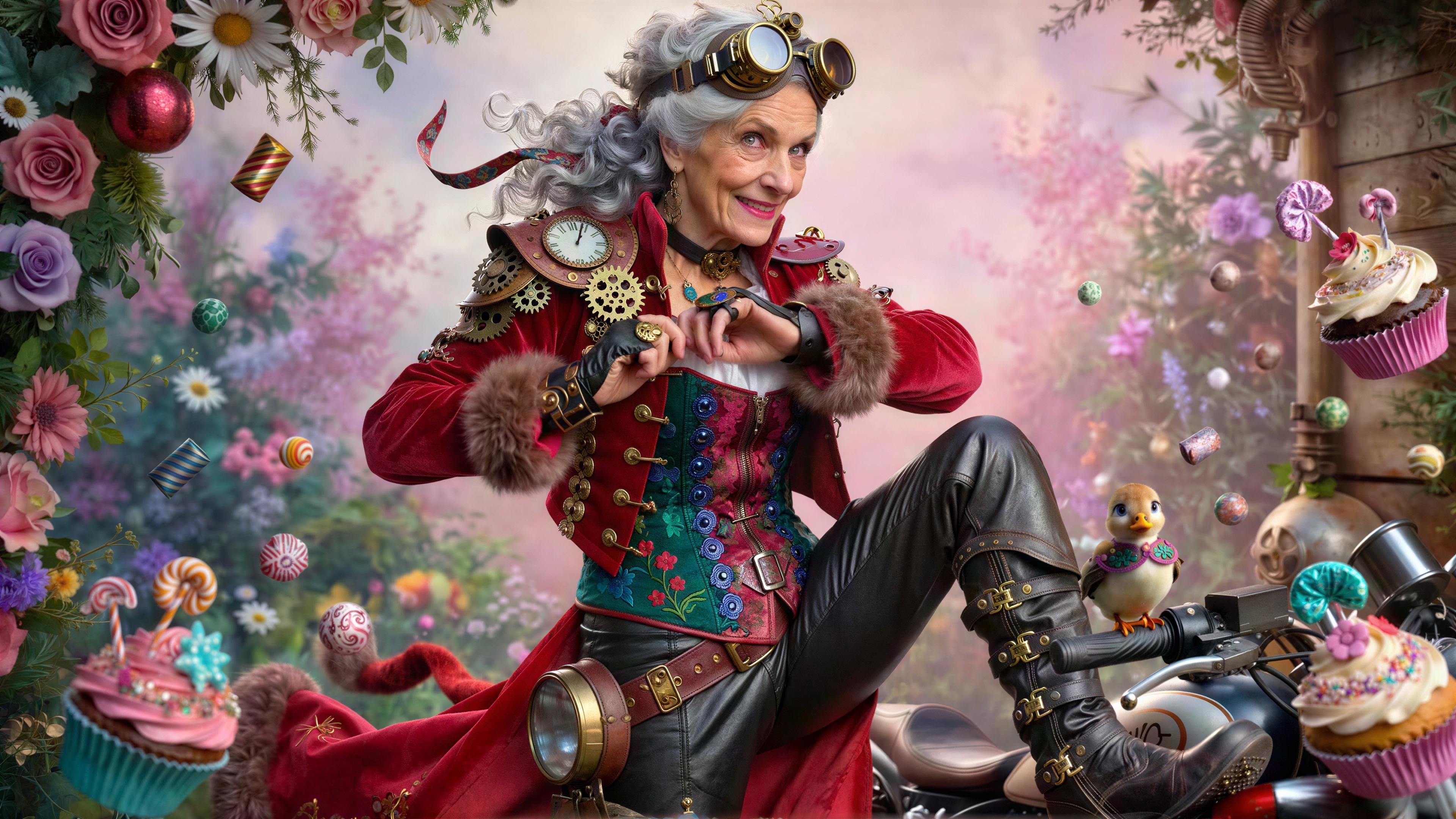 Steampunk Grandmother in Candy Land on Motorcycle