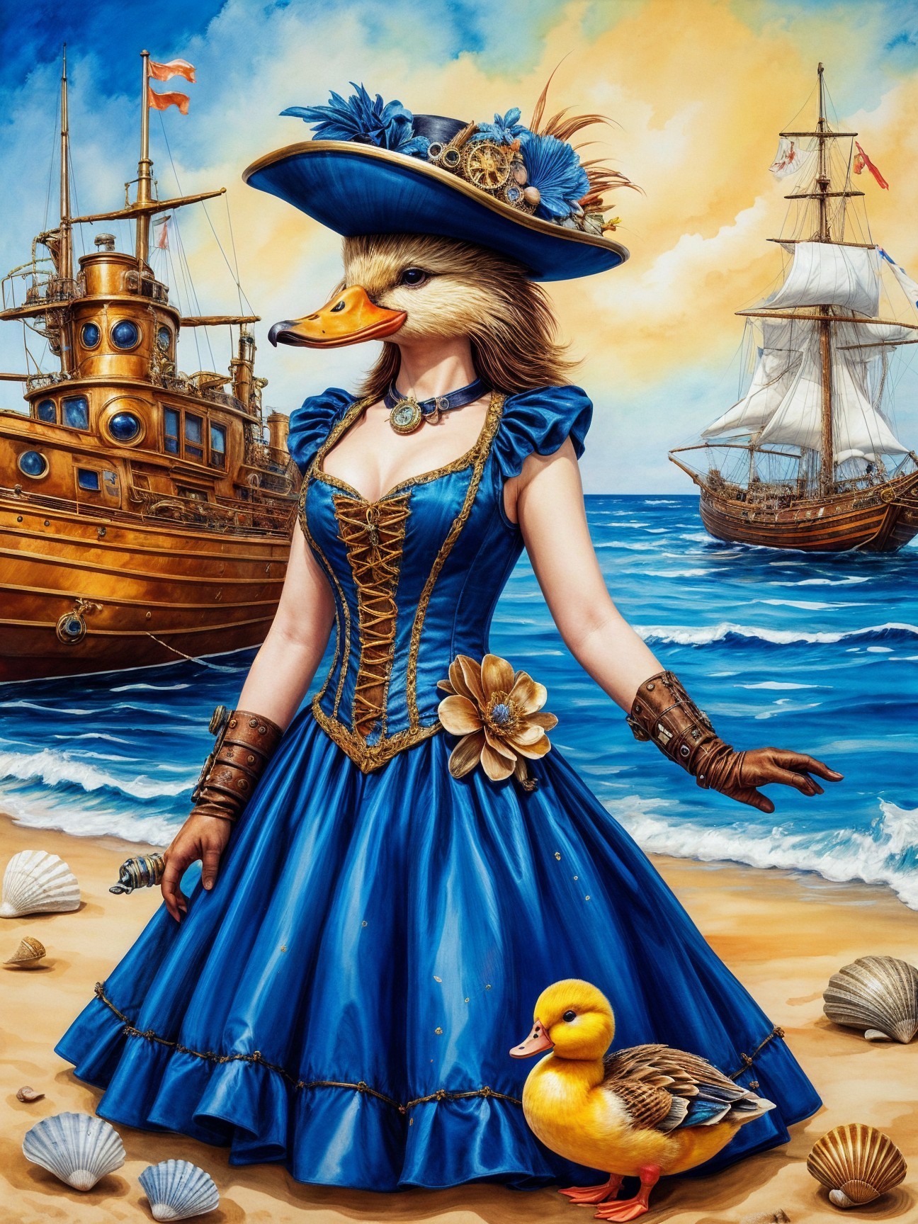 Whimsical Beach Scene with Woman and Duckling