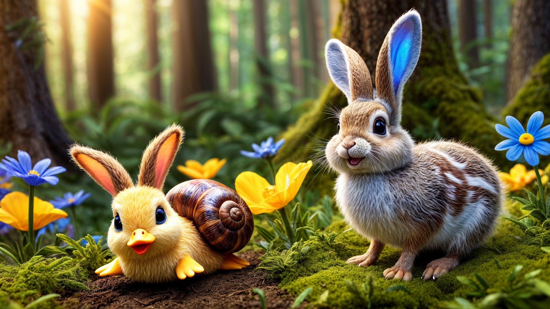 Cheerful Rabbit and Whimsical Duck-Snail in Forest