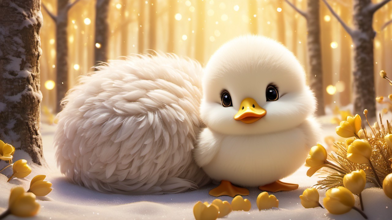Fluffy Yellow Duckling in Serene Snowy Woodland