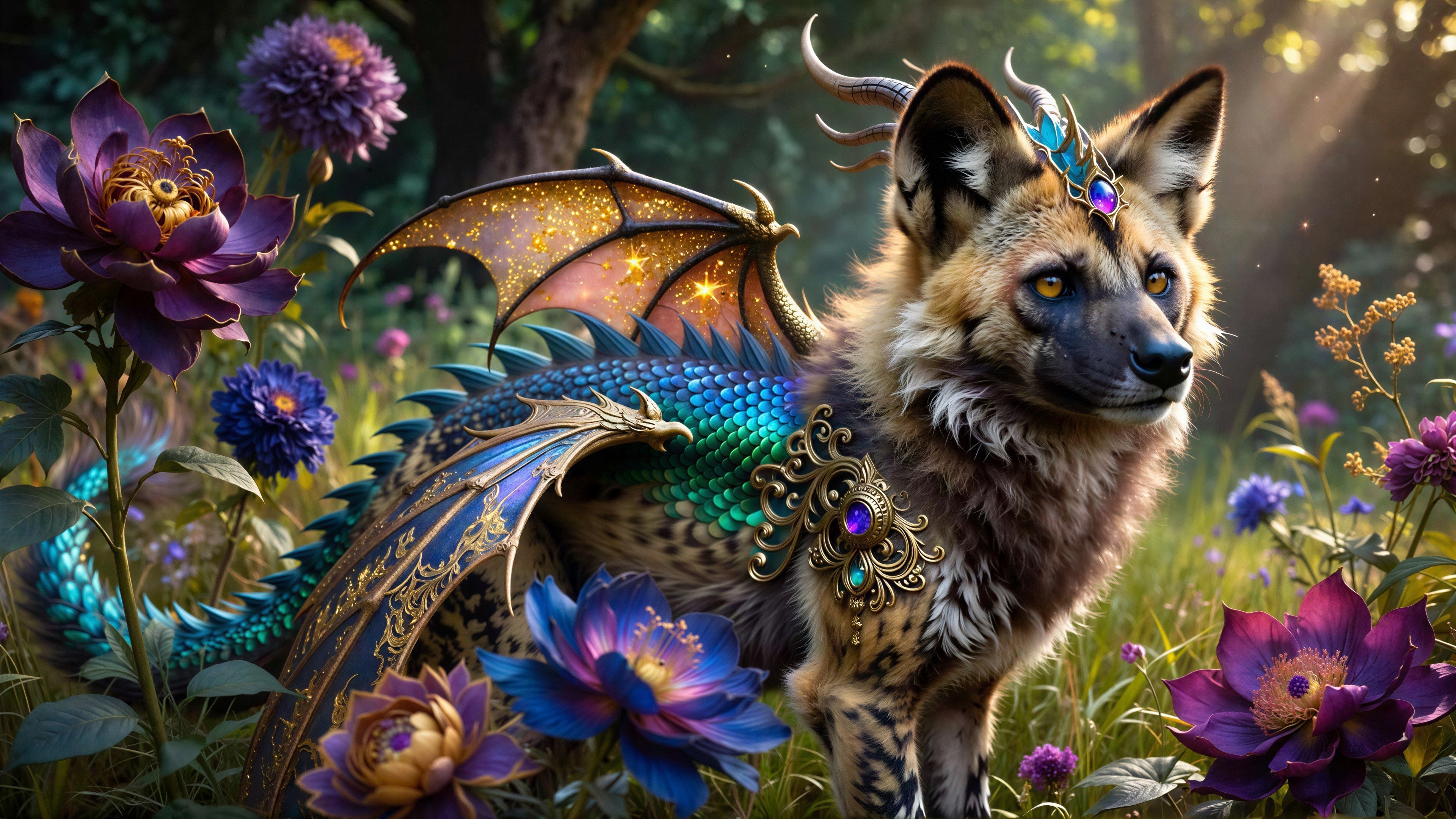 Majestic Fantasy Creature in Colorful Flower Field
