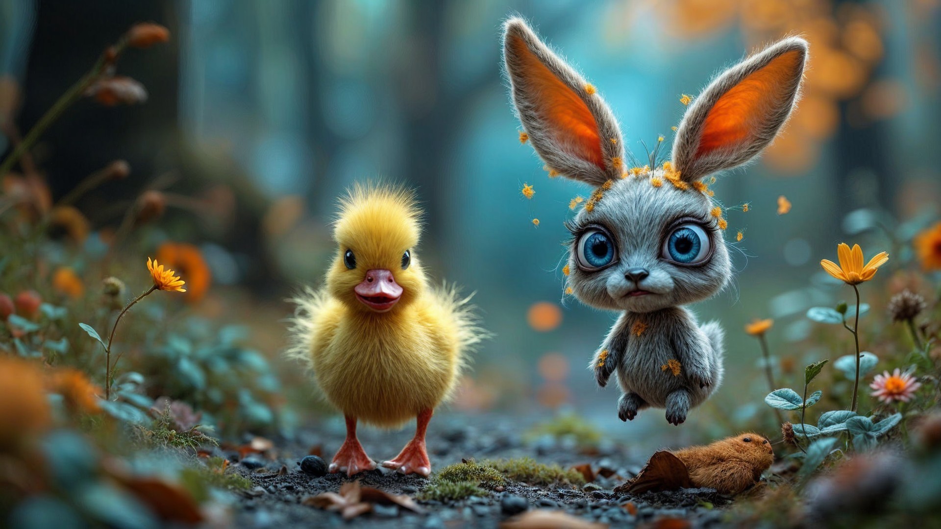 Whimsical Forest Scene with Duckling and Rabbit