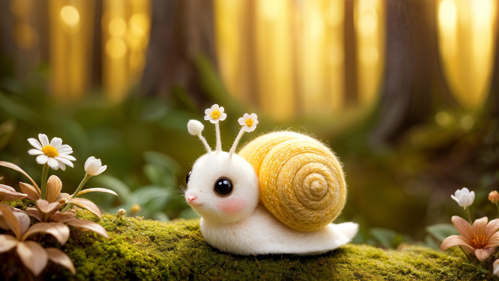 Whimsical Snail Figurine in Serene Woodland Setting