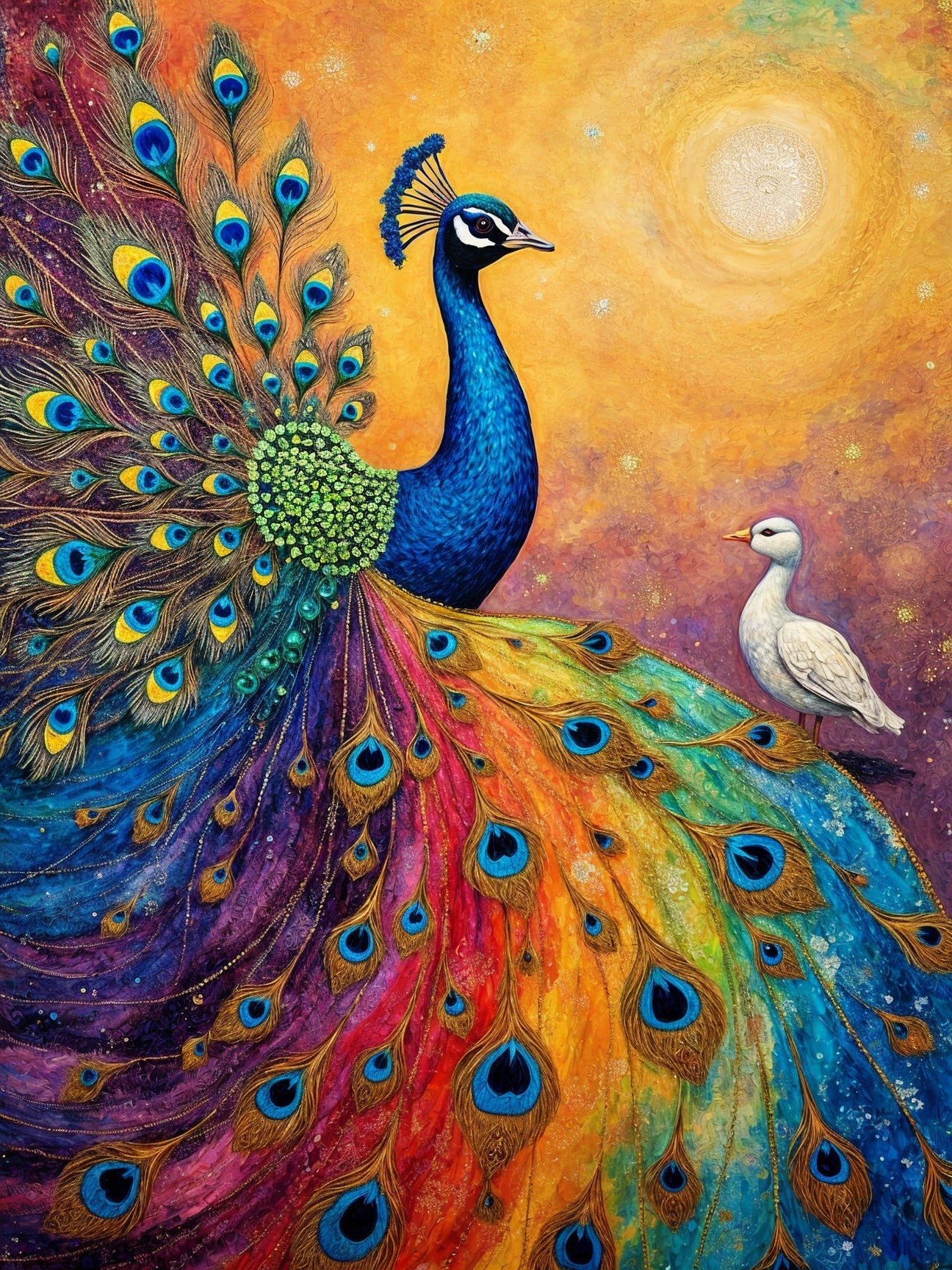 Vibrant Illustration of a Peacock and Duck in Sunset